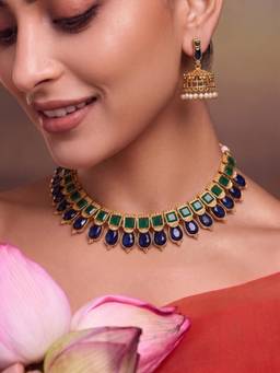 Niscka - Gold Plated Green And Blue Stone Jewellery Set