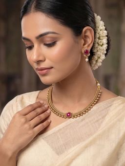 Niscka - Gold Plated Pink Stone Beaded Jewellery Set