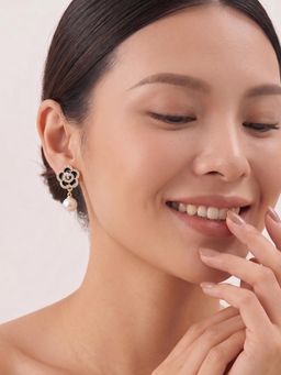 Niscka - Gold Plated Black Floral Pearl Drop Earrings