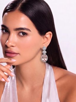Niscka - Pink Oval Crystal Halo Drop Earrings In Silver Tone