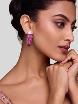 Niscka - Pink Crystal Pearl Hoop Earrings In Silver Tone