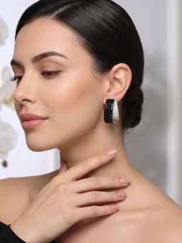 Niscka - Black Crystal Pearl Hoop Earrings In Silver Tone