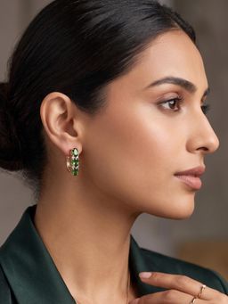 Niscka - Green Crystal Huggie Hoop Earrings Gold Plated Statement Jewellery