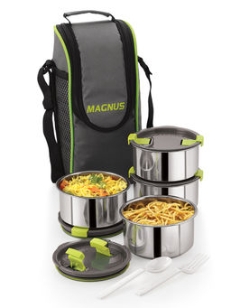 MAGNUS - Opal 4 Grey Stainless Steel Lunch Box with Carry Case -1400 ml