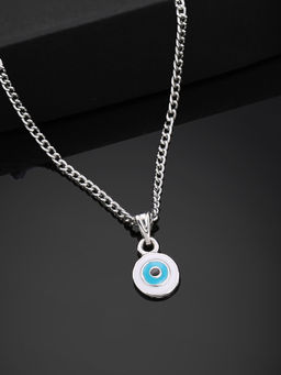 Estele - Rhodium Plated Round-Shaped Evil Eye Charm Pendant With Chain