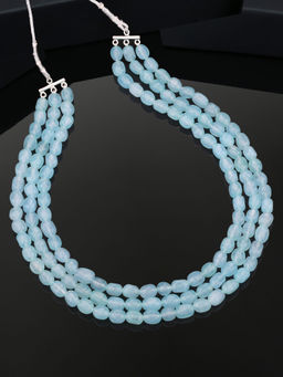 Estele - Rhodium Plated Magnificent Designer Three Line Necklace With Mint Blue Beads