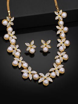 Estele - Gold & Rhodium Plated Twinkling Necklace Set With White Crystal & Pearls