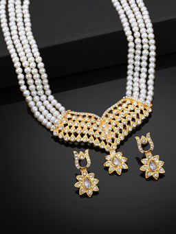 Estele - Gold Plated Twinkling Multi-Layered Necklace Set With White Pearls