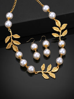 Estele - Gold Plated Leaf Designer Necklace Set With White Pearls