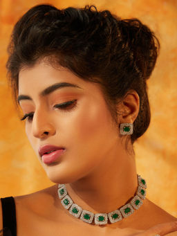 Estele - Rhodium Plated Cz Beautiful Necklace Set With White & Green Crystals