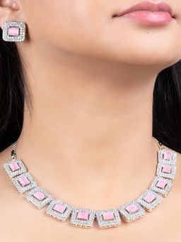 Estele - Rhodium Plated Cz Ravishing Necklace Set With Mint Pink Crystals