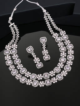 Estele - Rhodium Plated Cz Ravishing Double Layered Necklace Set With White Crystals