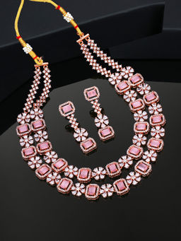 Estele - Rose Gold Plated Cz Captivating Double Line Necklace Set With Mint Pink Stone