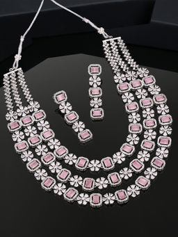 Estele - Rhodium Plated Cz Fascinating Three Line Necklace Set With Mint Pink Stones