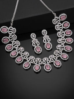 Estele - Rhodium Plated Cz Beautiful Necklace Set With Ruby Crystals