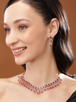 Estele - Rose Gold Plated Cz Fascinating Necklace Set With Tourmaline Pink Crystals