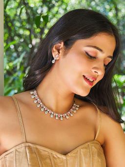 Estele - Rhodium Plated Plated Cz Circular Designer Necklace Set With Mint Pink Stones