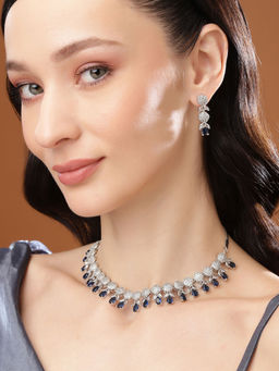 Estele - Rhodium Plated Cz Sparkling Necklace Set With Blue Crystals