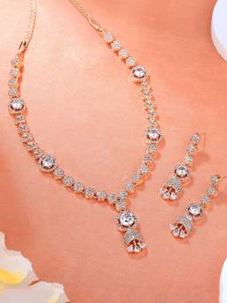 Estele - Rose Gold Plated Cz Exquisite Necklace Set With White Crystals