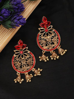 Anika's Creations - Traditional Gold Plated Red Cubic Zirconia 3 Jhumki Chandbali Earring