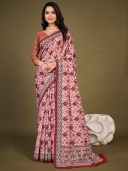 Akhilam - Womens Chanderi Silk Pink Printed Designer Saree with Unstitched Blouse