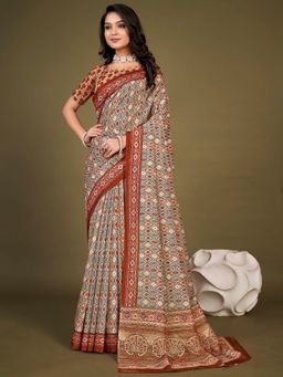 Akhilam - Womens Chanderi Silk Beige Printed Designer Saree with Unstitched Blouse