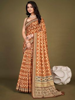 Akhilam - Womens Chanderi Silk Rust Printed Designer Saree with Unstitched Blouse