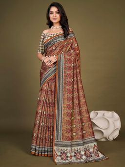 Akhilam - Womens Chanderi Silk Brown Printed Designer Saree with Unstitched Blouse