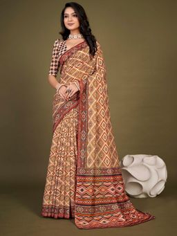 Akhilam - Womens Chanderi Silk Cream Printed Designer Saree with Unstitched Blouse