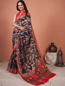 Akhilam - Womens Bhagalpuri Silk Black Printed Designer Saree with Unstitched Blouse