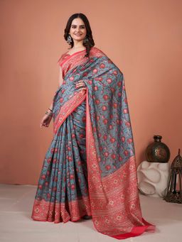 Akhilam - Womens Bhagalpuri Silk Grey Printed Designer Saree with Unstitched Blouse