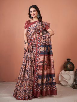 Akhilam - Womens Bhagalpuri Silk Red Printed Designer Saree with Unstitched Blouse