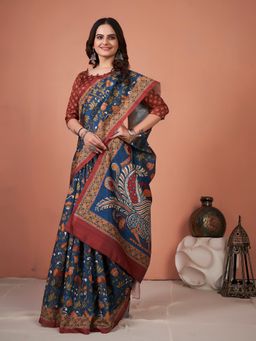 Akhilam - Womens Bhagalpuri Silk Navy Blue Printed Designer Saree with Unstitched Blouse