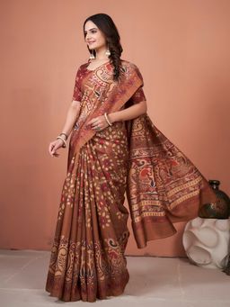 Akhilam - Womens Bhagalpuri Silk Brown Printed Designer Saree with Unstitched Blouse