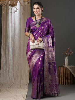 Akhilam - Womens Silk Blend Purple Woven Designer Saree with Unstitched Blouse