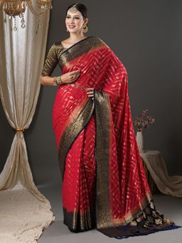 Akhilam - Womens Georgette Red Woven Designer Saree with Unstitched Blouse