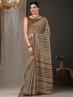 Akhilam - Womens Bhagalpuri Silk Olive Printed Designer Saree with Unstitched Blouse