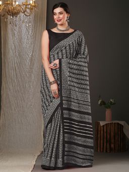 Akhilam - Womens Bhagalpuri Silk Black Printed Designer Saree with Unstitched Blouse