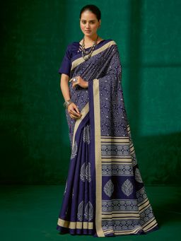 Akhilam - Womens Bhagalpuri Silk Navy Blue Printed Designer Saree with Unstitched Blouse
