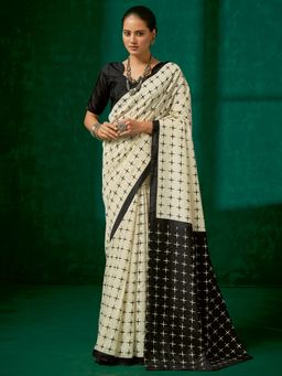Akhilam - Womens Bhagalpuri Silk Off White Printed Designer Saree with Unstitched Blouse