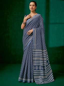 Akhilam - Womens Bhagalpuri Silk Grey Printed Designer Saree with Unstitched Blouse