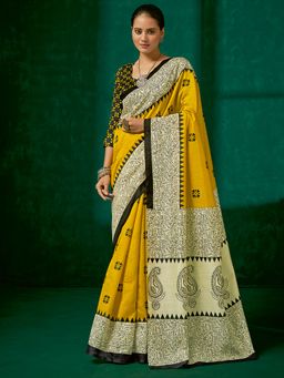 Akhilam - Womens Bhagalpuri Silk Yellow Printed Designer Saree with Unstitched Blouse