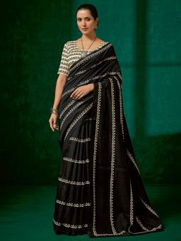 Akhilam - Womens Bhagalpuri Silk Black Printed Designer Saree with Unstitched Blouse
