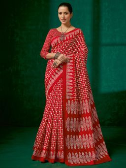 Akhilam - Womens Bhagalpuri Silk Red Printed Designer Saree with Unstitched Blouse