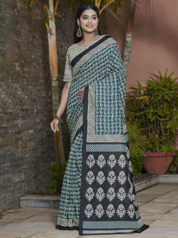 Sareemall - Womens Bhagalpuri Silk Teal Blue Printed Designer Saree with Unstitched Blouse