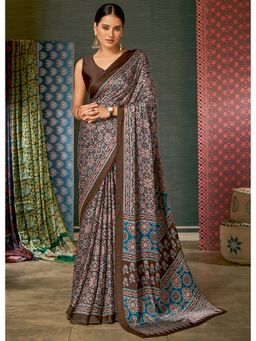 Sareemall - Womens Crepe Brown Digital Print Designer Saree with Unstitched Blouse