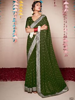 Akhilam - Womens Georgette Olive Printed Designer Saree with Unstitched Blouse