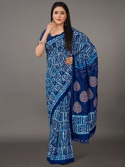 Akhilam - Womens Bhagalpuri Silk Blue Printed Designer Saree with Unstitched Blouse