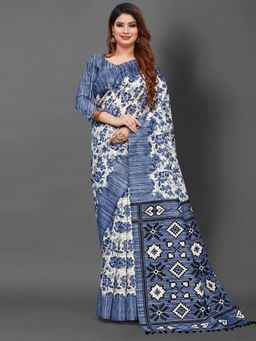 Akhilam - Womens Bhagalpuri Silk Blue Printed Designer Saree with Unstitched Blouse