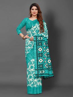 Akhilam - Womens Bhagalpuri Silk Turquoise Printed Designer Saree with Unstitched Blouse
